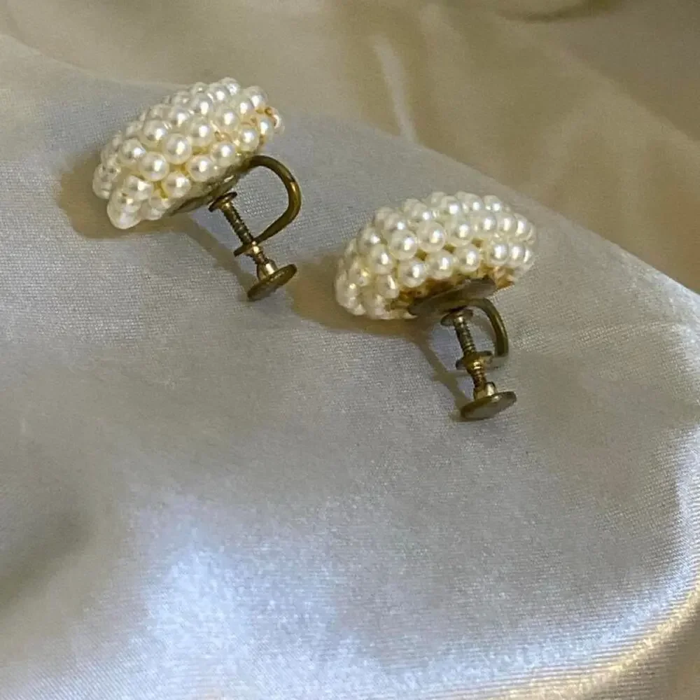 Vintage 1950s Pearl Cluster Earrings Screw Back Mid Century Bridal